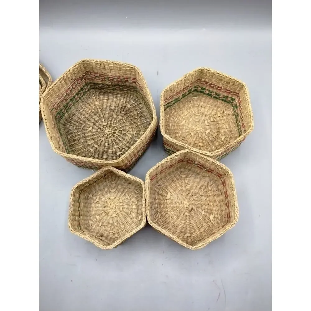 Nesting Natural Grass Woven Hexagon Baskets- Set of 4 w/Lids -Red &Green Trim